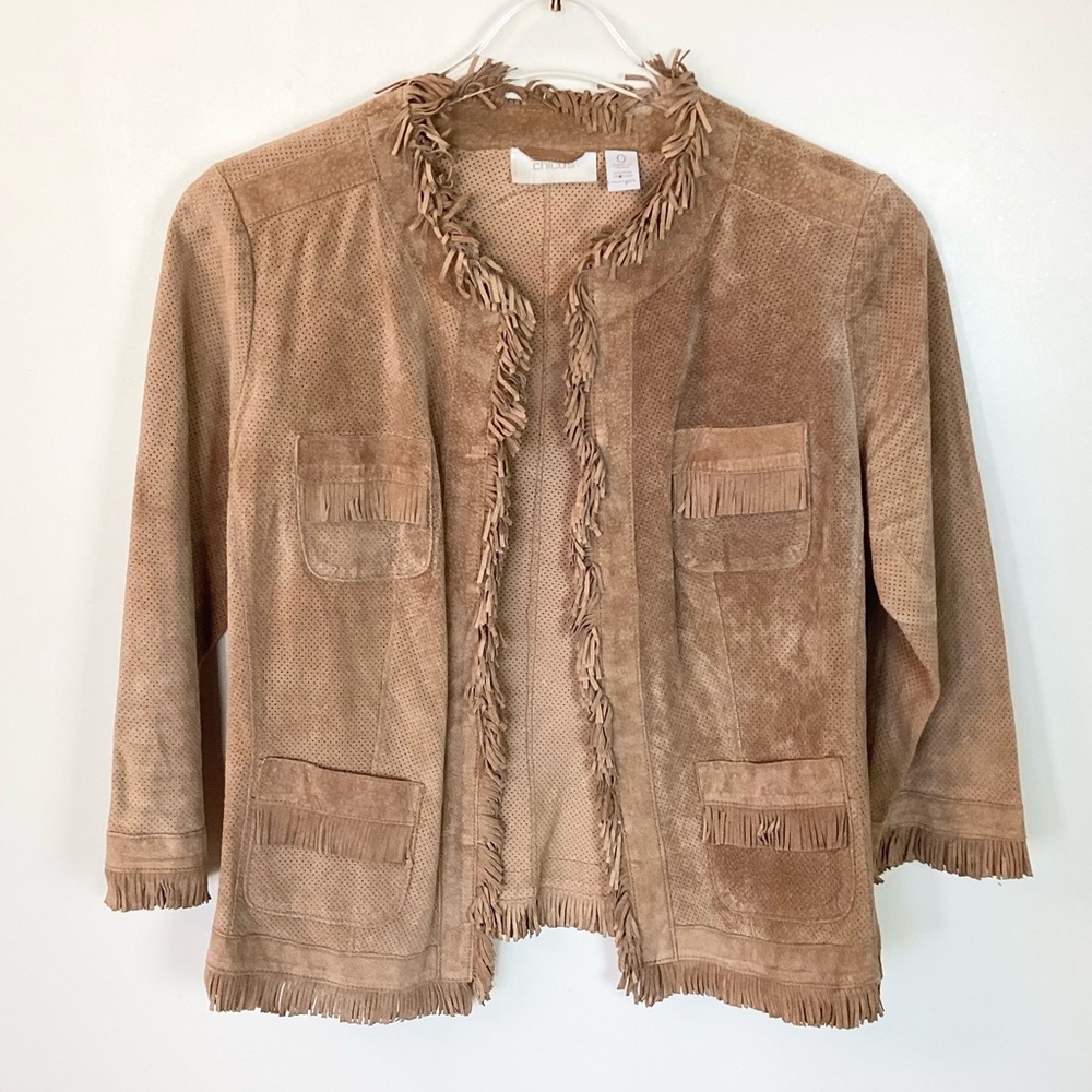 Chico’s Open Perforated Leather Jacket With Fringe Trim - Chestnut - S